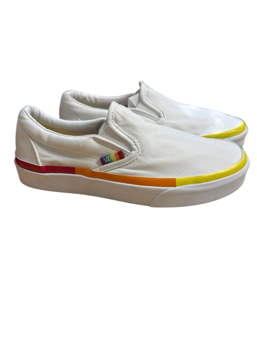 Vans Unisex White Slip-On Sneakers with Rainbow Side Trim Women’s 6 / Mens 4.5
